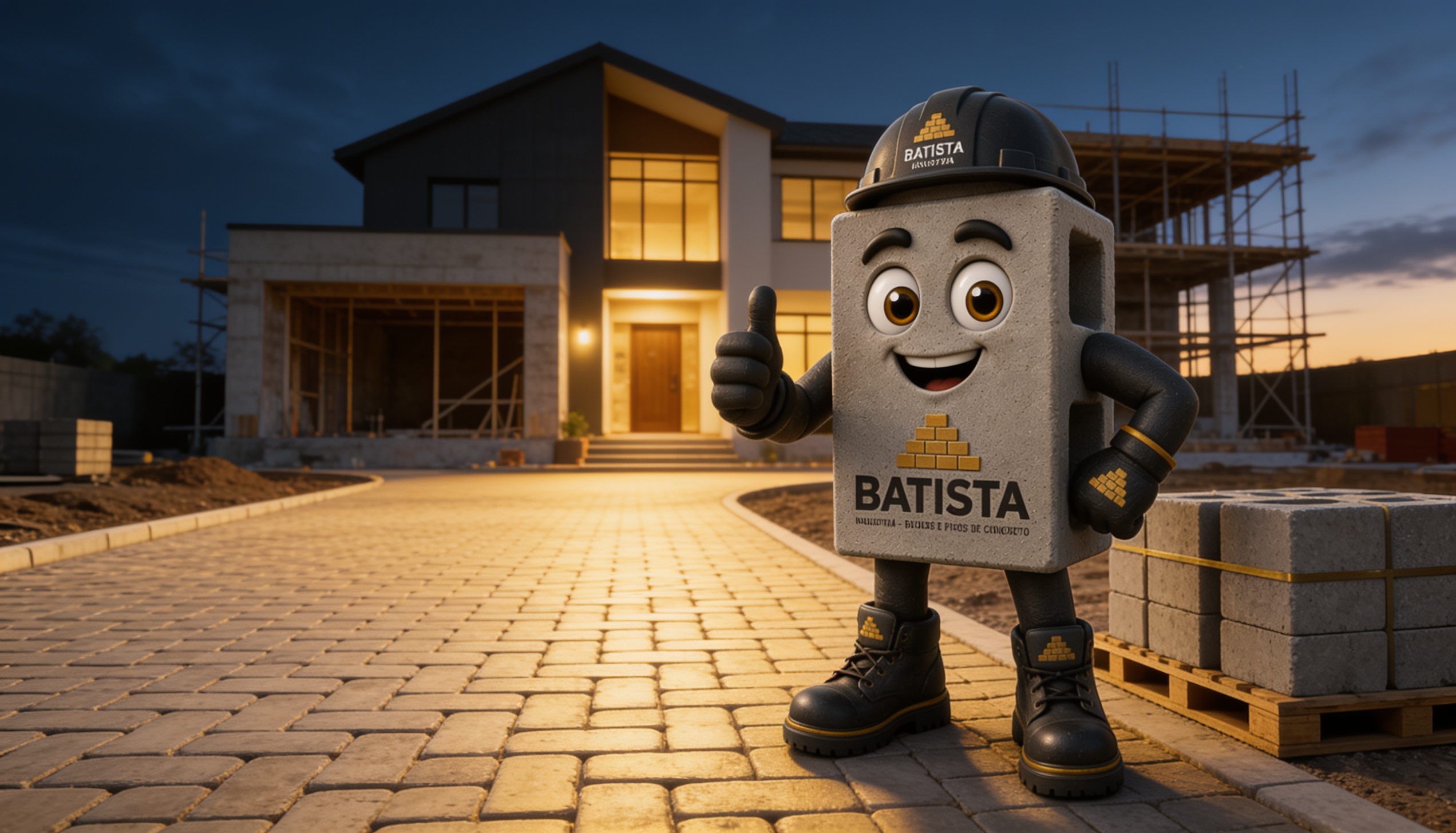 Mascote Batista em obra com piso intertravado